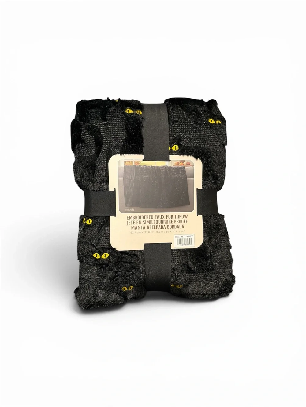 Northwest Black Faux Fur Throw with Yellow Cat Eye Embroidery